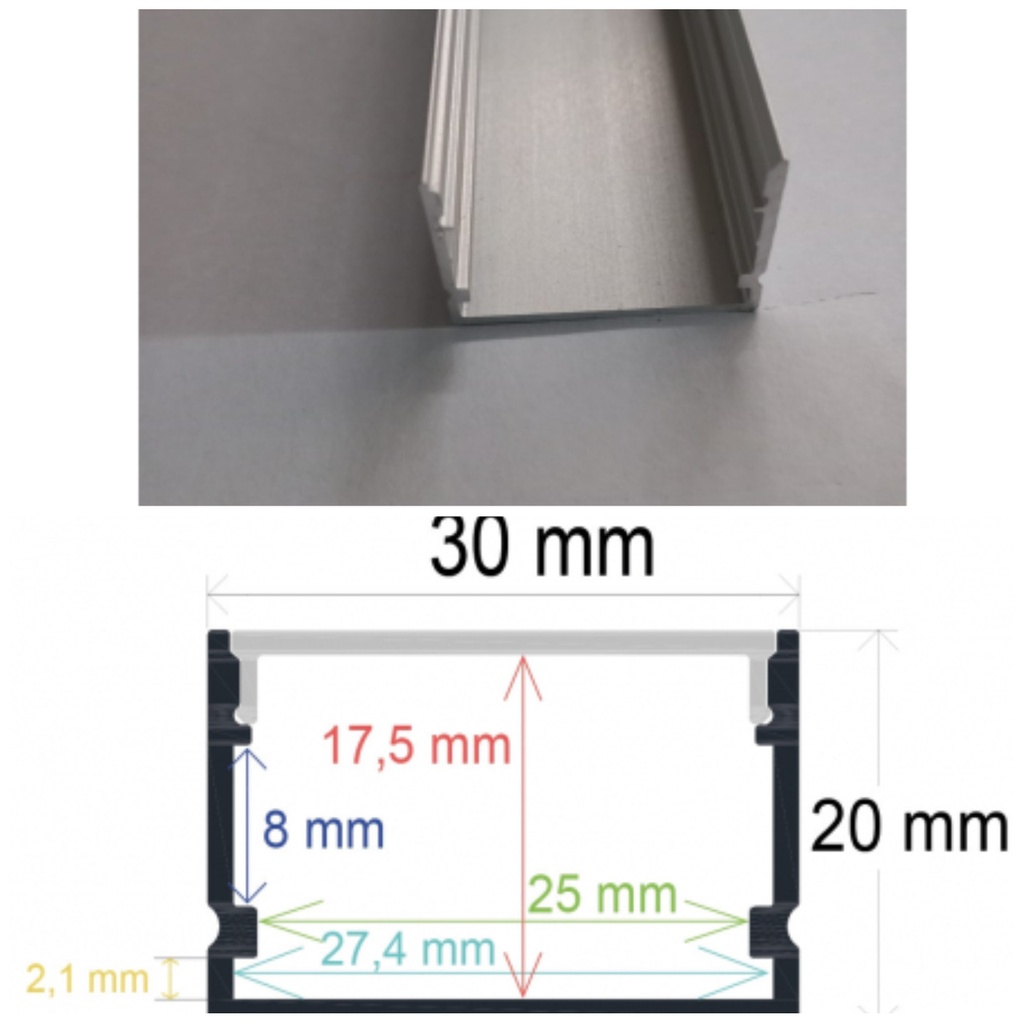 Perfil para tira led 220 voltios 20x30mm  2 metros tira