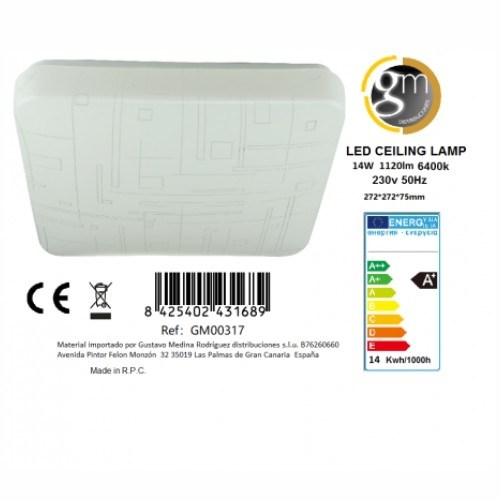 Plafón led 14 watios 6400K cuadrado dibujo (Posibilidad carcasa blanca, hablar con almacén)